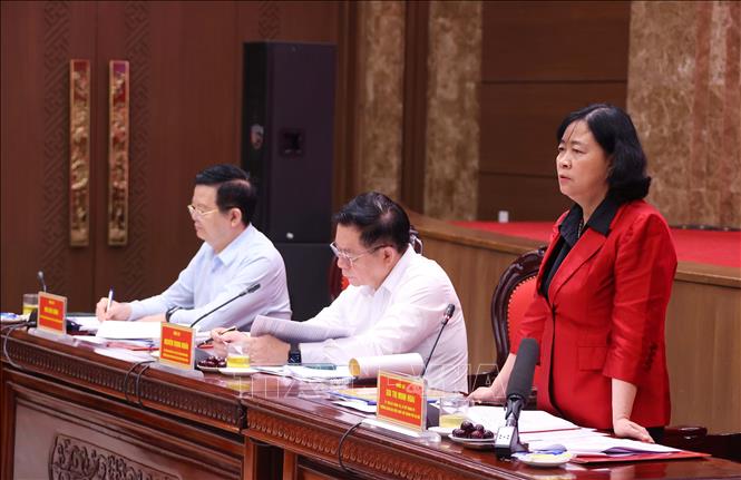 Bí thư Thành ủy Hà Nội Bùi Thị Minh Hoài phát biểu. Ảnh: Văn Điệp - TTXVN