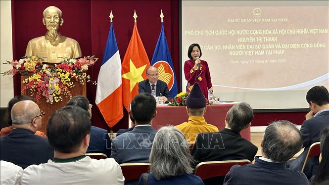 Phó Chủ tịch Quốc hội Nguyễn Thị Thanh phát biểu tại buổi gặp gỡ Cộng đồng Việt Nam tại Pháp. Ảnh: Thu Hà - PV TTXVN tại Pháp
