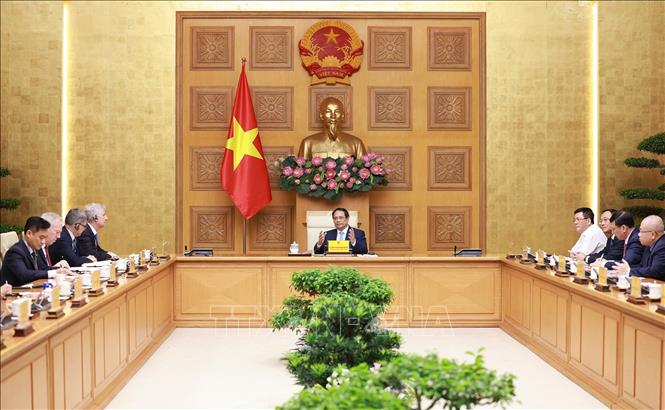 Thủ tướng Phạm Minh Chính làm việc với Đoàn Hội đồng kinh doanh Hoa Kỳ - ASEAN. Ảnh: Dương Giang-TTXVN
