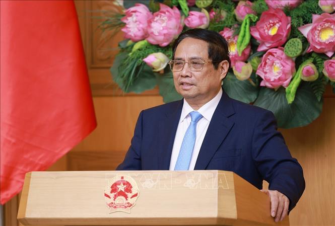 Thủ tướng Phạm Minh Chính phát biểu tại buổi làm việc với Đoàn Hội đồng kinh doanh Hoa Kỳ - ASEAN (USABC). Ảnh: Dương Giang-TTXVN
