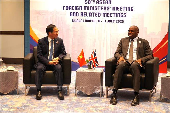 Deputy Prime Minister and Minister of Foreign Affairs Bui Thanh Son meets with UK Secretary of State for Foreign, Commonwealth and Development Affairs David Lammy. VNA Photo