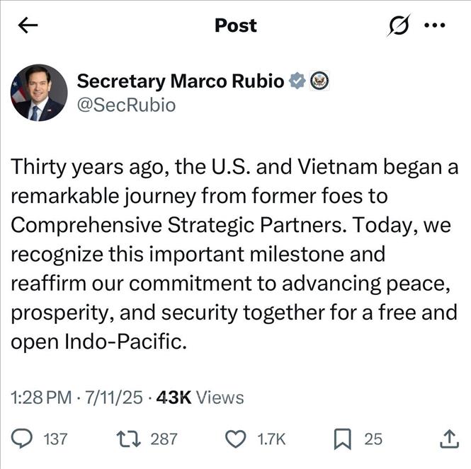 Bài đăng của Ngoại trưởng Mỹ Marco Rubio trên mạng xã hội X ngày 11/7. Ảnh: Ngọc Quang, PV TTXVN tại Mỹ