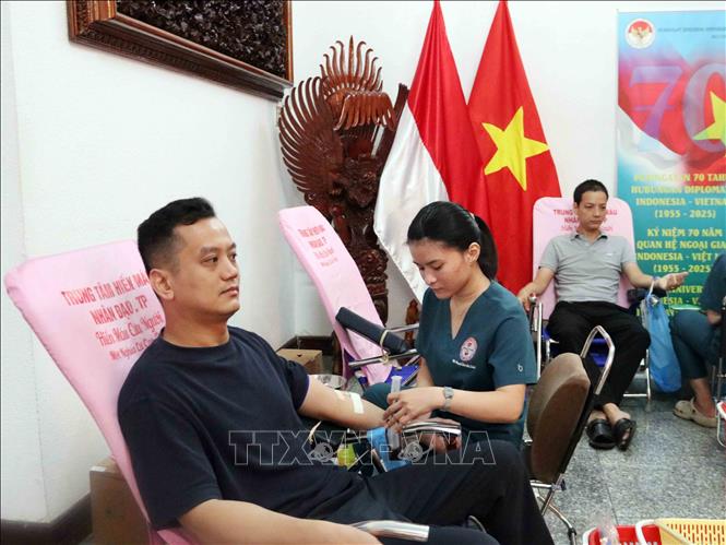 Chương trình hiến máu nhân đạo do Tổng lãnh sự quán Indonesia tại Thành phố Hồ Chí Minh tổ chức nhận được sự tham gia của cộng đồng người Indonesia đang sinh sống tại Thành phố Hồ Chí Minh, các cán bộ Sở ngoại vụ Thành phố và đông đảo sinh viên, thanh niên Thành phố. Ảnh: Xuân Khu-TTXVN