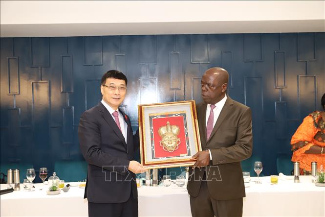 Phó Chủ tịch Quốc hội Vũ Hồng Thanh nhận quà lưu niệm của Phó Chủ tịch Quốc hội Côte d’Ivoire Woi Mela Gaston. Ảnh: Hồng Minh - PV TTXVN tại châu Phi