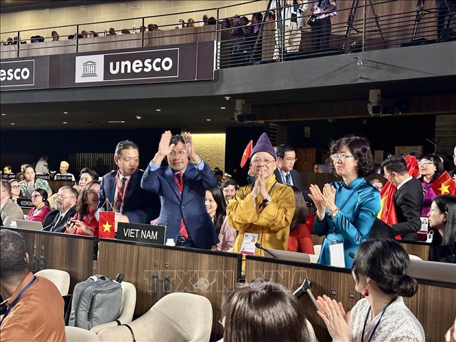 Vietnamese delegation rejoices after UNESCO's recognition. VNA Photo