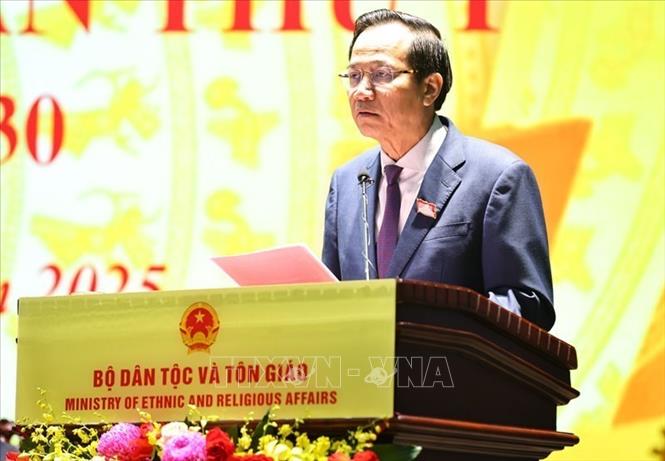 Bí thư Đảng ủy, Bộ trưởng Bộ Dân tộc và Tôn giáo Đào Ngọc Dung phát biểu. Ảnh: Minh Đức – TTXVN