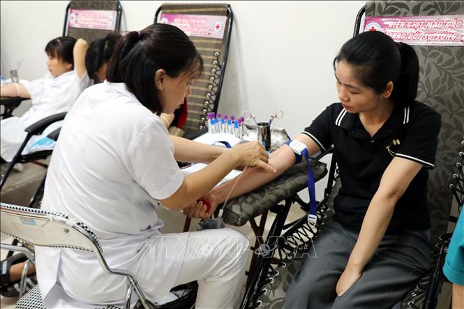 Người dân hiến máu tình nguyện tại Bệnh viện Đa khoa Nam Định, tỉnh Ninh Bình. Ảnh: Nguyễn Lành - TTXVN 