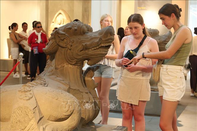 Foreign tourists explore artefacts on display at the Museum of Cham Sculpture. VNA Photo: Kha Phạm 