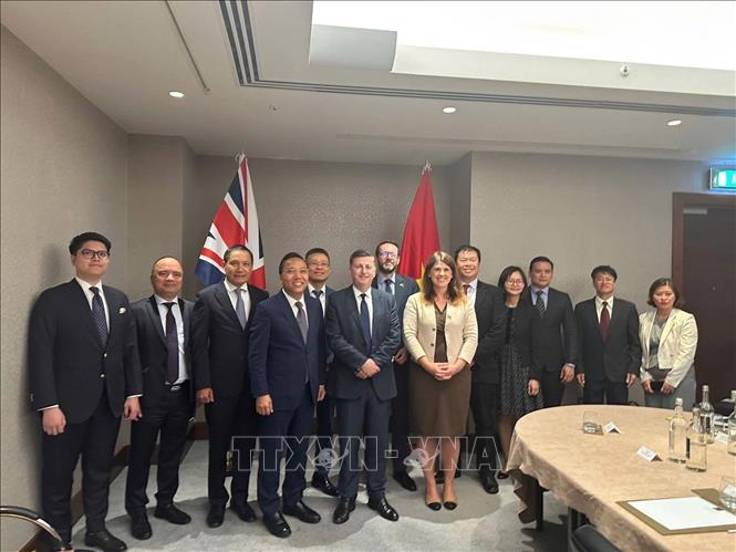 Thứ trưởng Nguyễn Hoàng Long và Quốc vụ khanh Douglas Alexander và đại diện các Bộ, ngành và Đại sứ quán hai nước chụp ảnh lưu niệm tại Khóa họp JETCO 14. Ảnh: TTXVN phát