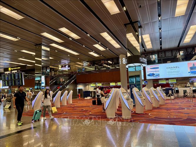 Hệ thống làm thủ tục trực tuyến hiện đại tại sân bay Changi (Singapore) giải quyết tình trạng xếp hàng dồn ứ và tiết kiệm tối đa nguồn nhân lực. Ảnh: Đỗ Vân - PV TTXVN tại Singapore
