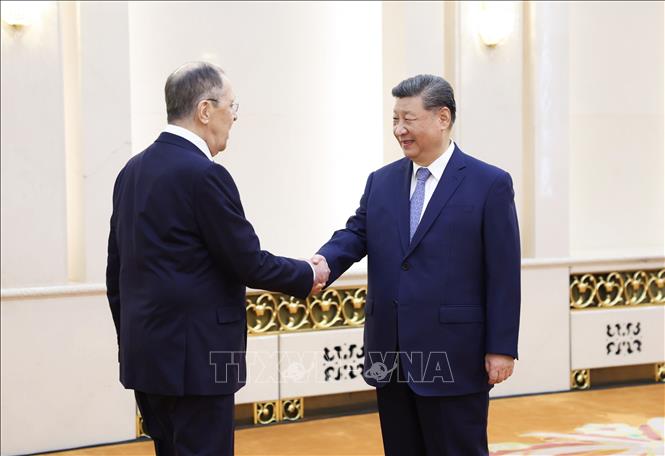 Chủ tịch Trung Quốc Tập Cận Bình (phải) và Ngoại trưởng Nga Sergey Lavrov tại cuộc gặp ở Bắc Kinh ngày 15/7/2025. Ảnh: THX/TTXVN