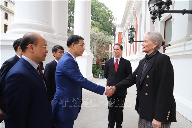 Phó Chủ tịch Hạ viện Nam Phi Annelie Lotriet chào đón Phó Chủ tịch Quốc hội Vũ Hồng Thanh. Ảnh: Hồng Minh - phóng viên TTXVN tại Nam Phi