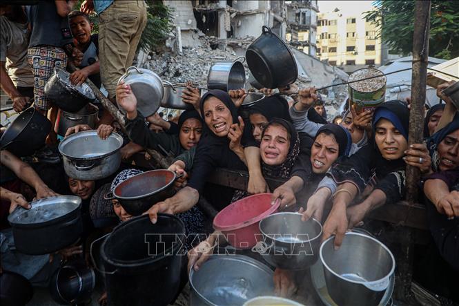 Người dân Palestine nhận thức ăn cứu trợ tại thành phố Gaza ngày 14/7/2025. Ảnh: THX/TTXVN