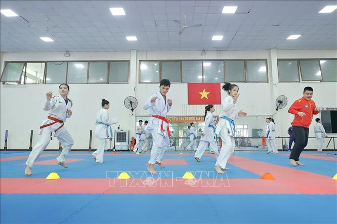 Toàn đội đang nỗ lực tập luyện để chuẩn bị cho các giải đấu lớn trong năm, bên cạnh đó ban huấn luyện đánh giá các võ sĩ trong quá trình chuẩn bị để khi bước vào SEA Games 33, đội tuyển có được lực lượng tốt nhất, có điểm rơi phong độ cao tại SEA Games. Ảnh: Minh Quyết - TTXVN