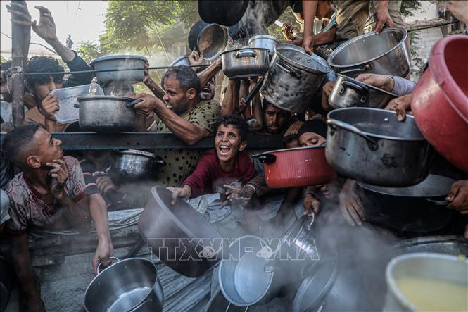 Người dân Palestine chờ được phát thực phẩm cứu trợ tại Gaza. Ảnh: THX/TTXVN