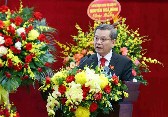 Đồng chí Lê Minh Trí, Bí thư Trung ương Đảng, Bí thư Đảng ủy, Chánh án Toà án nhân dân Tối cao phát biểu. Ảnh: Phạm Kiên - TTXVN