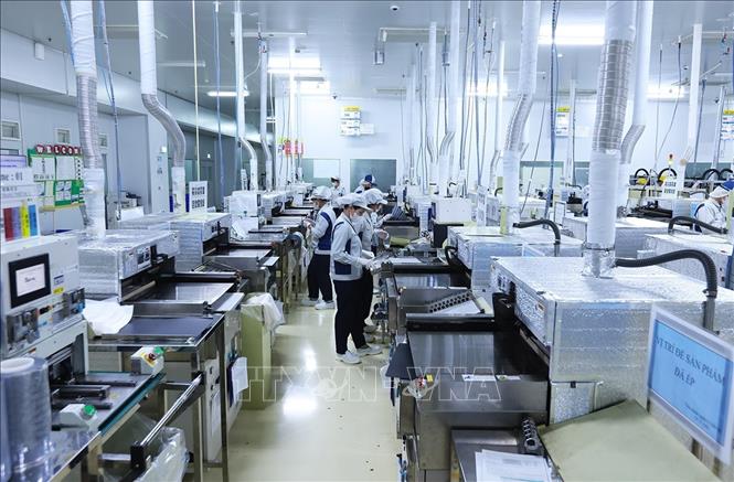 Dây chuyền sản xuất bảng mạch in dùng cho các thiết bị điện tử tại nhà máy của Công ty TNHH Mektec Manufacturing Việt Nam (100% vốn Nhật Bản) tại khu công nghiệp Thăng Long II, phường Mỹ Hào, tỉnh Hưng Yên. Ảnh: Vũ Sinh - TTXVN