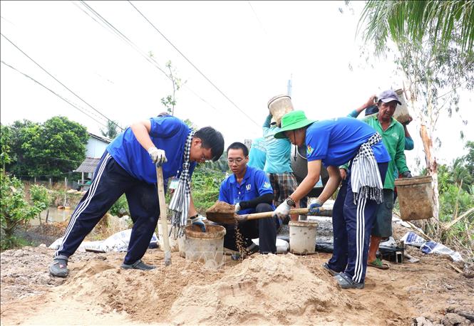 Sinh viên tình nguyện Đại học Kinh tế Thành phố Hồ Chí Minh cùng người dân thực hiện công trình đường giao thông nông thôn tại xã Cái Nhum, tỉnh Vĩnh Long. Ảnh: Lê Thúy Hằng – TTXVN
