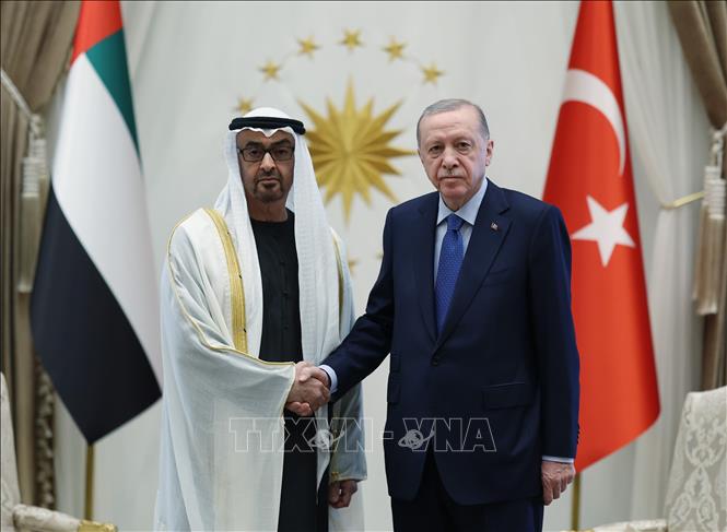 Tổng thống UAE Sheikh Mohammed bin Zayed Al-Nahyan (trái) và người đồng cấp Thổ Nhĩ Kỳ Recep Tayyip Erdogan tại cuộc gặp ở Ankara ngày 16/7/2025. Ảnh: AA/TTXVN