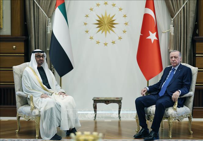 Tổng thống UAE Sheikh Mohammed bin Zayed Al-Nahyan (trái) và người đồng cấp Thổ Nhĩ Kỳ Recep Tayyip Erdogan tại cuộc gặp ở Ankara ngày 16/7/2025. Ảnh: AA/TTXVN