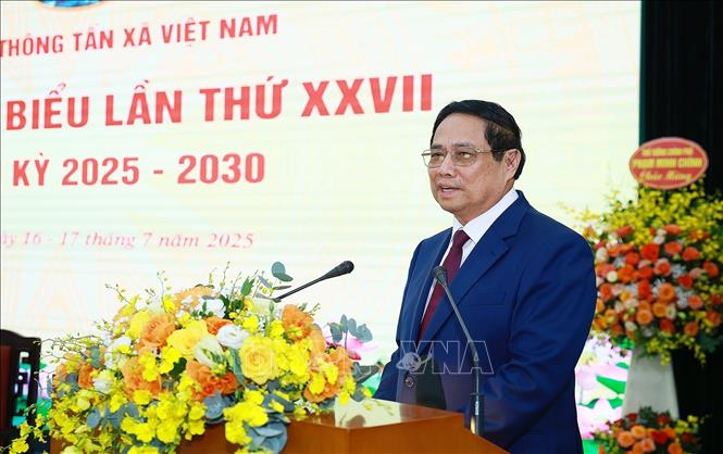 Đồng chí Phạm Minh Chính, Uỷ viên Bộ Chính trị, Bí thư Đảng uỷ Chính phủ, Thủ tướng Chính phủ phát biểu tại Đại hội Đảng bộ Thông tấn xã Việt Nam lần thứ 27, nhiệm kỳ 2025 - 2030. Ảnh: Dương Giang - TTXVN
