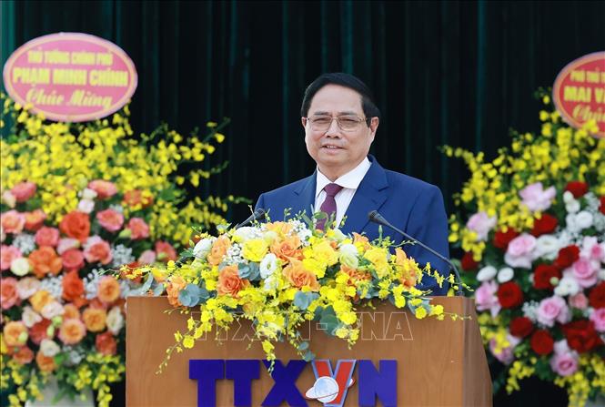 Thủ tướng Chính phủ Phạm Minh Chính phát biểu tại Đại hội Đảng bộ Thông tấn xã Việt Nam lần thứ 27, nhiệm kỳ 2025 - 2030. Ảnh: Dương Giang - TTXVN
