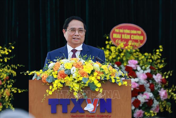 Thủ tướng Chính phủ Phạm Minh Chính phát biểu tại Đại hội đại biểu Đảng bộ Thông tấn xã Việt Nam lần thứ 27, nhiệm kỳ 2025 - 2030. Ảnh: Dương Giang - TTXVN
