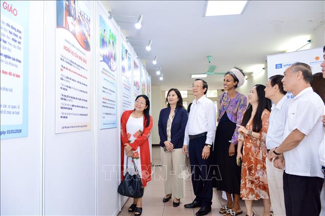 Lãnh đạo Bộ Giáo dục và Đào tạo cùng các chuyên gia trong nước, quốc tế trao đổi về các nội dung của Luật Nhà giáo. Ảnh: TTXVN phát