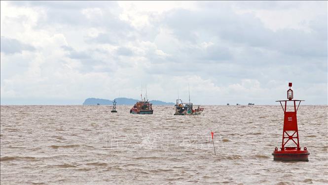 Những chuyến tàu thường xuyên ra, vào giao thương tôm, cá nhộn nhịp ở cửa biển Sông Đốc (Cà Mau). Ảnh: Huỳnh Anh - TTXVN