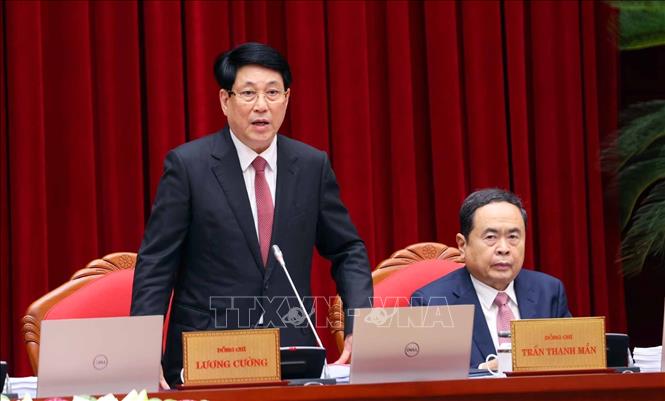 Chủ tịch nước Lương Cường phát biểu tại phiên khai mạc Hội nghị lần thứ mười hai Ban Chấp hành Trung ương Đảng khóa XIII. Ảnh: Phạm Kiên - TTXVN