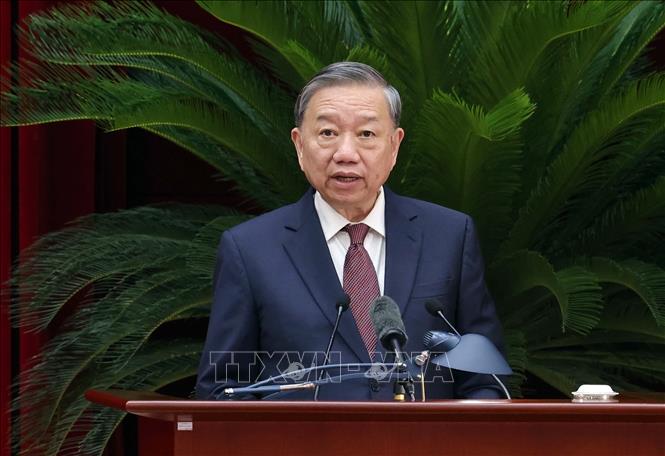 Tổng Bí thư Tô Lâm phát biểu bế mạc Hội nghị lần thứ mười hai Ban Chấp hành Trung ương Đảng khóa XIII. Ảnh: Phạm Kiên - TTXVN