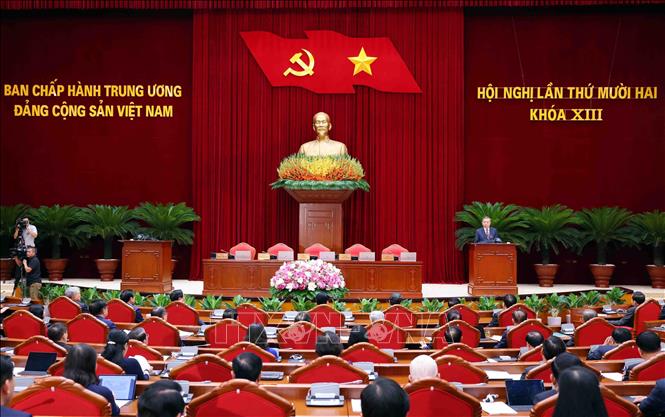 Tổng Bí thư Tô Lâm phát biểu bế mạc Hội nghị lần thứ mười hai Ban Chấp hành Trung ương Đảng khóa XIII. Ảnh: Phạm Kiên - TTXVN