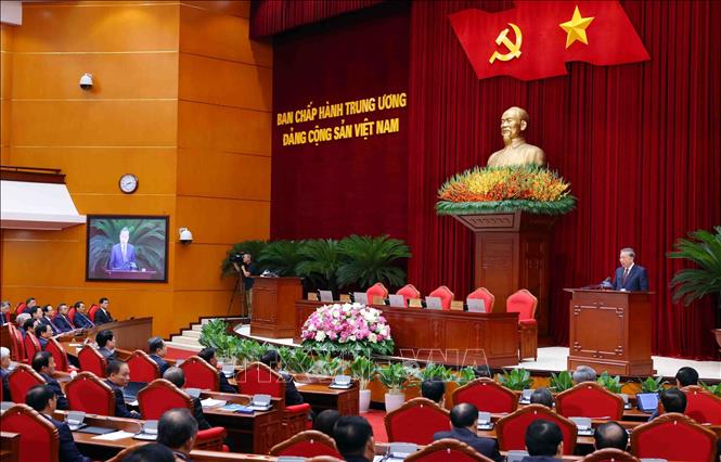 Tổng Bí thư Tô Lâm phát biểu bế mạc Hội nghị lần thứ mười hai Ban Chấp hành Trung ương Đảng khóa XIII. Ảnh: Phạm Kiên - TTXVN