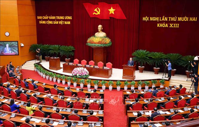 Quang cảnh phiên bế mạc Hội nghị lần thứ mười hai Ban Chấp hành Trung ương Đảng khóa XIII. Ảnh: Phạm Kiên - TTXVN