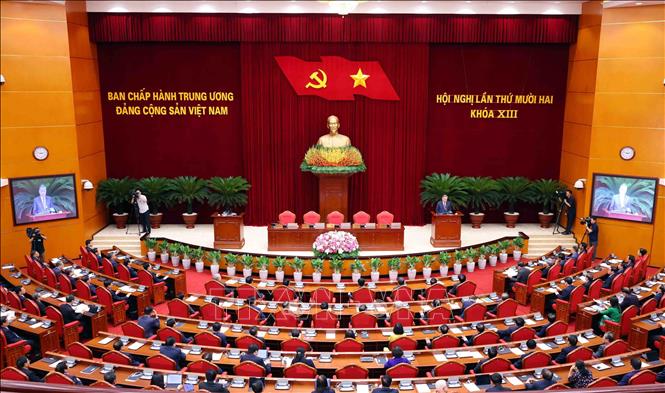 Quang cảnh phiên bế mạc Hội nghị lần thứ mười hai Ban Chấp hành Trung ương Đảng khóa XIII. Ảnh: Phạm Kiên - TTXVN