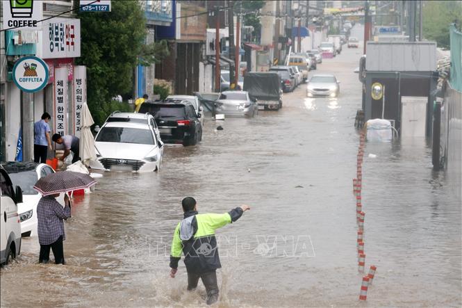 Tuyến phố bị ngập sau những trận mưa lớn tại Gwangju, Hàn Quốc. Ảnh: Yonhap/TTXVN