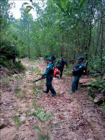 Các lực lượng tham gia chữa cháy rừng tạo đường băng cản lửa, ngăn chặn đám cháy lây qua diện rộng. Ảnh: UBND xã Duy Xuyên cung cấp