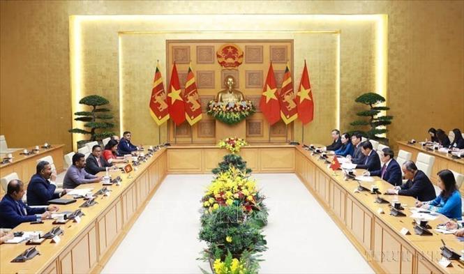 Thủ tướng Phạm Minh Chính hội kiến Tổng thống Sri Lanka Anura Kumara Dissanayaka trong chuyến thăm cấp Nhà nước đến Việt Nam và dự Đại lễ Phật đản Liên hợp quốc Vesak (Hà Nội, 5/5/2025). Ảnh: Dương Giang-TTXVN