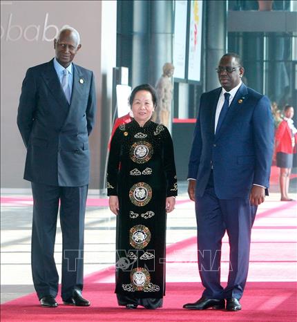 Tổng thống Cộng hòa Senegal Macky Sall (bên phải) và Tổng thư ký Tổ chức Pháp ngữ Quốc tế Abdou Diouf đón Phó Chủ tịch nước Nguyễn Thị Doan đến dự Lễ khai mạc Hội nghị Cấp cao Pháp ngữ lần thứ 15 tại Thủ đô Dakar (Cộng hòa Senegal, 29/11/2014). Ảnh: Thống Nhất - TTXVN