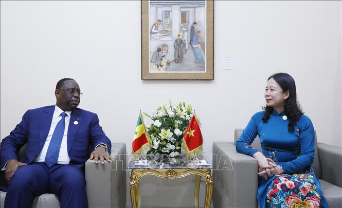  Nhân dịp tham dự Hội nghị Cấp cao Pháp ngữ lần thứ 18 tại thành phố Djerba (Tunisia), sáng 19/11/2022 (giờ địa phương), Phó Chủ tịch nước Võ Thị Ánh Xuân đã có cuộc gặp Tổng thống Senegal Macky Sall. Ảnh: TTXVN 