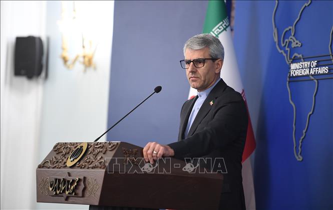 Người phát ngôn Bộ Ngoại giao Iran Esmaeil Baghaei phát biểu tại cuộc họp báo ở Tehran. Ảnh: THX/TTXVN