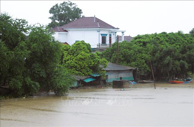 Mực nước sông Bùng dâng nhanh, nhiều chuồng trại chăn nuôi, công trình dân sinh của người dân xã Đức Châu (tỉnh Nghệ An) có nguy cơ bị ngập. Ảnh: Xuân Tiến - TTXVN 