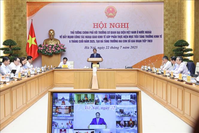 Thủ tướng Phạm Minh Chính chủ trì Hội nghị Thủ tướng Chính phủ với các Trưởng Cơ quan đại diện Việt Nam ở nước ngoài về đẩy mạnh công tác ngoại giao kinh tế. Ảnh: Dương Giang-TTXVN