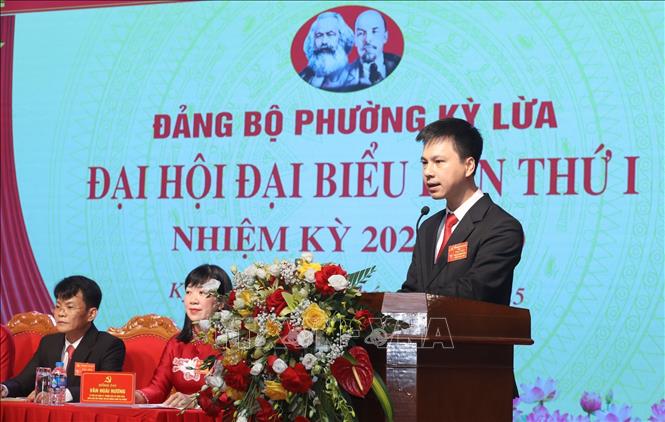 Bí thư Đảng ủy phường Kỳ Lừa nhiệm kỳ 2025-2030 Hà Minh Anh phát biểu tại Đại hội. Ảnh: Anh Tuấn - TTXVN
