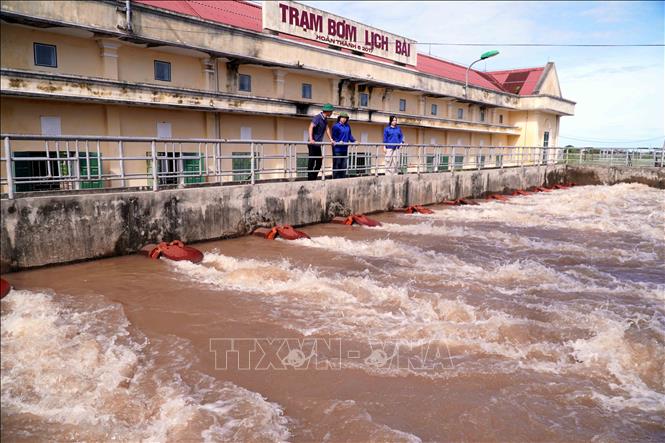 Trạm bơm Lịch Bài (Xí nghiệp khai thác công trình thủy lợi Kiến Xương, tỉnh Hưng Yên) vận hành tất cả 12 máy để tiêu đệm, tiêu úng cứu lúa. Ảnh: Nguyễn Công Hải - TTXVN
