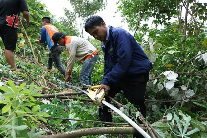 Triển khai kéo cáp điện lên cột ở vị trí cột số 18, thuộc địa bàn xã Xuân Quang, tỉnh Lào Cai. Ảnh: Vũ Sinh - TTXVN