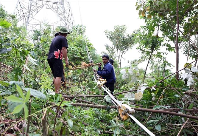 Triển khai kéo cáp điện lên cột ở vị trí cột số 18, thuộc địa bàn xã Xuân Quang, tỉnh Lào Cai. Ảnh: Vũ Sinh - TTXVN