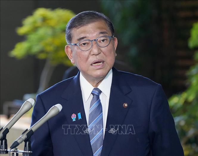 Thủ tướng Nhật Bản Shigeru Ishiba phát biểu với báo giới tại thủ đô Tokyo ngày 23/7/2025. Ảnh: Kyodo/TTXVN