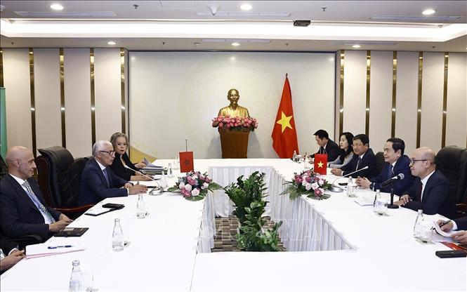 Trong khuôn khổ Hội nghị Ban Chấp hành Liên minh nghị viện Pháp ngữ (APF) và Diễn đàn Nghị viện Hợp tác Pháp ngữ về nông nghiệp bền vững, an ninh lương thực và ứng phó với biến đổi khí hậu, Chủ tịch Quốc hội Trần Thanh Mẫn tiếp ông Rachid Talbi El Alami, Chủ tịch Hạ viện Maroc (Cần Thơ, 21/1/2025). Ảnh: Doãn Tấn – TTXVN