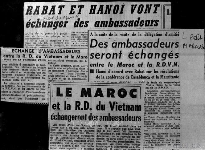 Báo chí Maroc đăng tin về việc Việt Nam và Maroc sẽ trao đổi đại sứ trong chuyến thăm đoàn chính phủ nước Việt Nam Dân chủ Cộng hòa do Bộ trưởng Ngoại giao Ung Văn Khiêm dẫn đầu trong chuyến thăm Vương quốc Maroc (3/1961). Ảnh: TTXVN